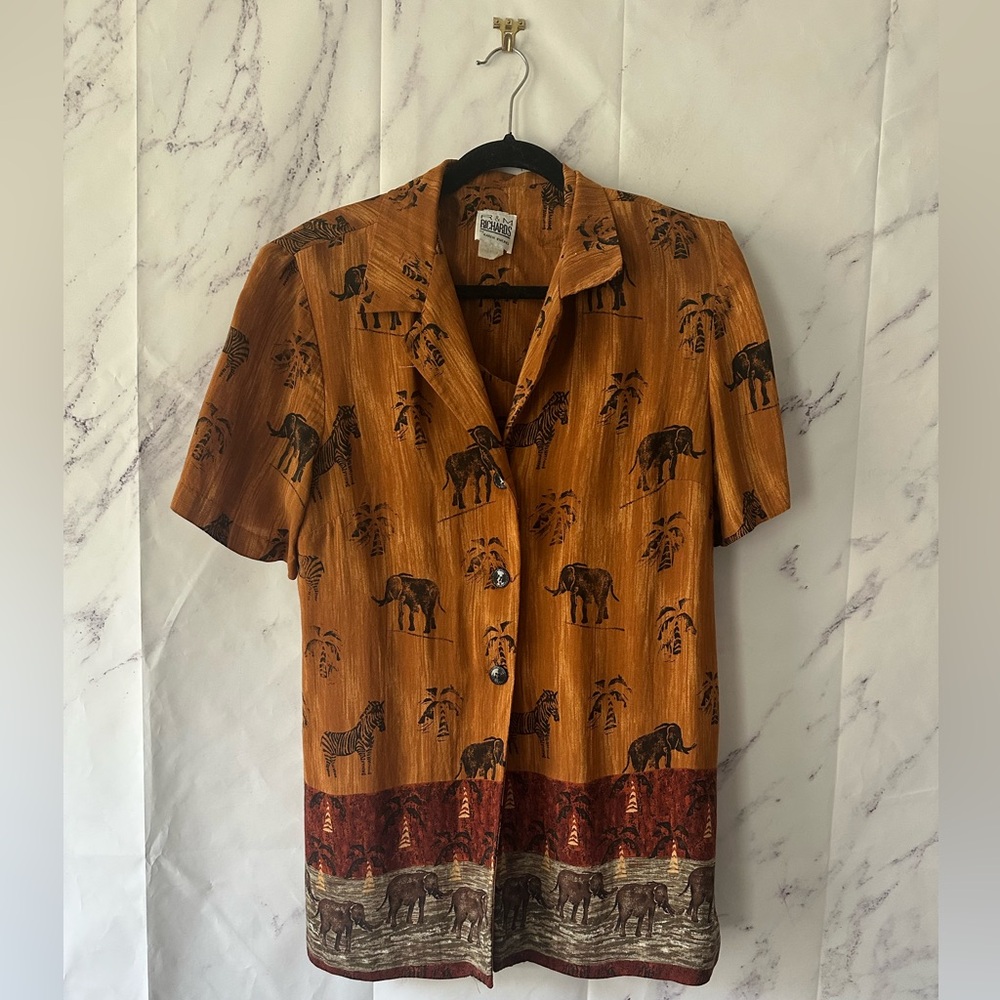 VTG R&M RICHARDS KAREN WONG Elephant Print WOMENS Top 14 - MADE IN USA